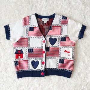 VTG Cottagecore Country American Flag Heart Button Knit Cardigan Top SMALL Folk